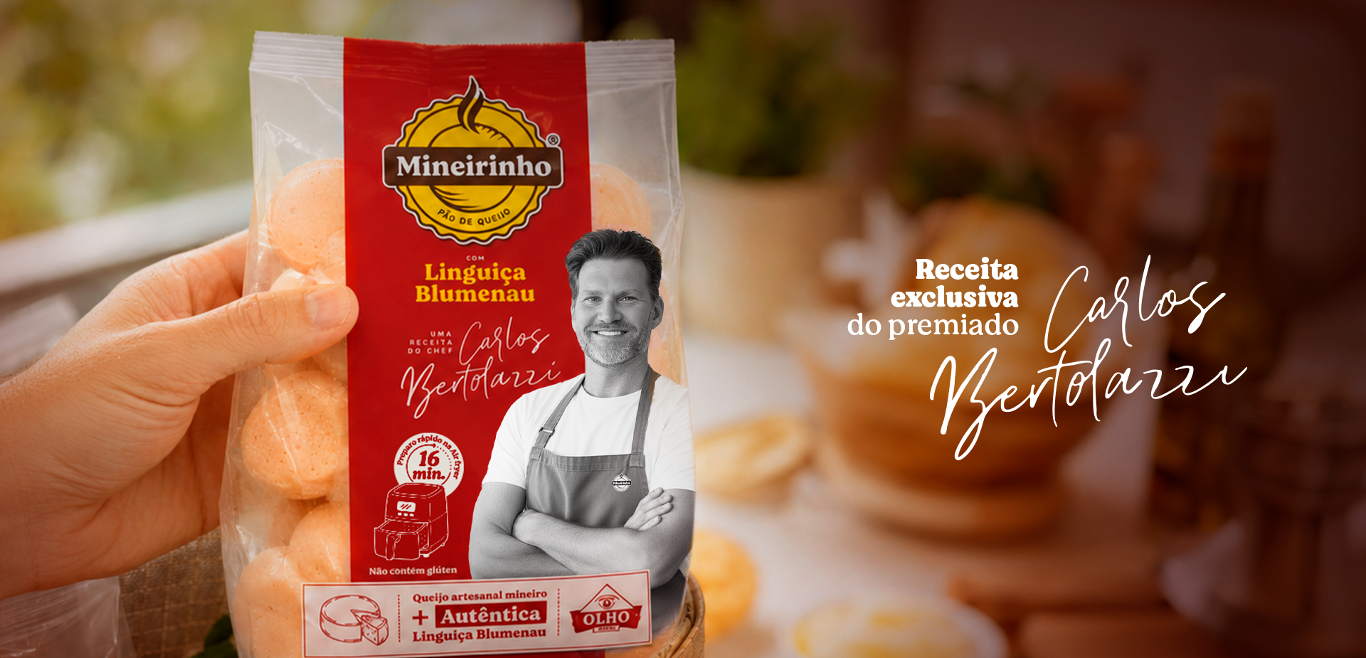 Pão de Queijo Mineirinho com Linguiça Blumenau, receita exclusiva do Chef Carlos Bertolazzi.